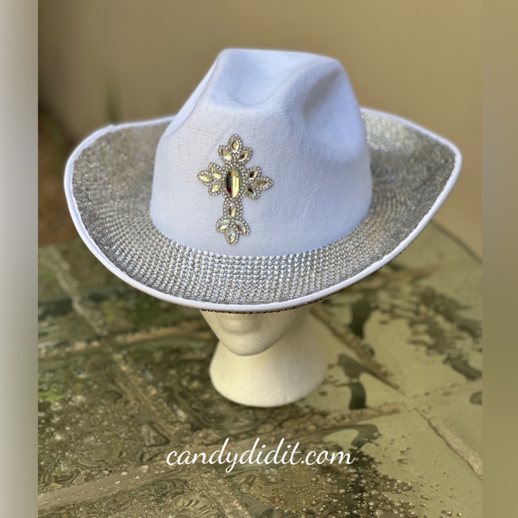 Beautiful Handmade Candy Did It! Crystal Encrusted White Cross Bling Cowgirl Hat